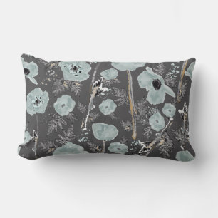 Poppies Blue Gray Black Watercolor Floral Muster Lendenkissen