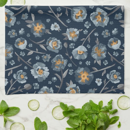 Poppies Blue Gray Floral Pattern Geschirrtuch (Gefaltet)