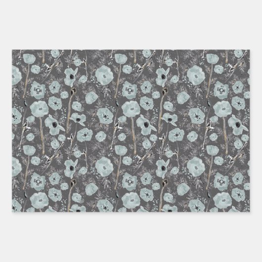 Poppies Blue Gray Gray Floral Pattern Geschenkpapier Set (Vorderseite)