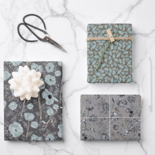Poppies Blue Gray Gray Floral Pattern Geschenkpapier Set