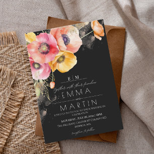 Poppies Blumenrot & Black Gold Hochzeit Einladung