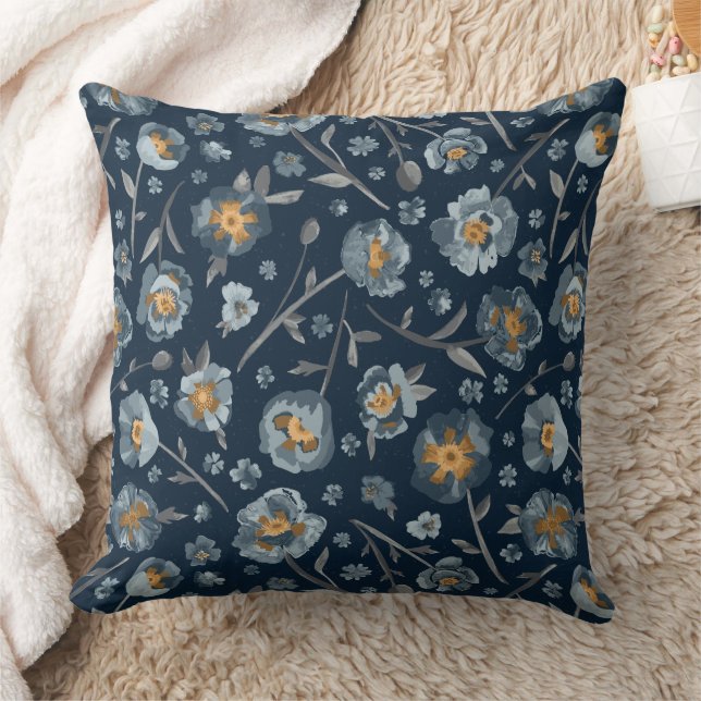 Poppies Charming Blue Gray Yellow Floral Kissen (Decke)