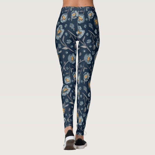 Poppies Charming Blue Gray Yellow Poppy Floral Leggings (Rückseite)