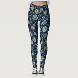 Poppies Charming Blue Gray Yellow Poppy Floral Leggings