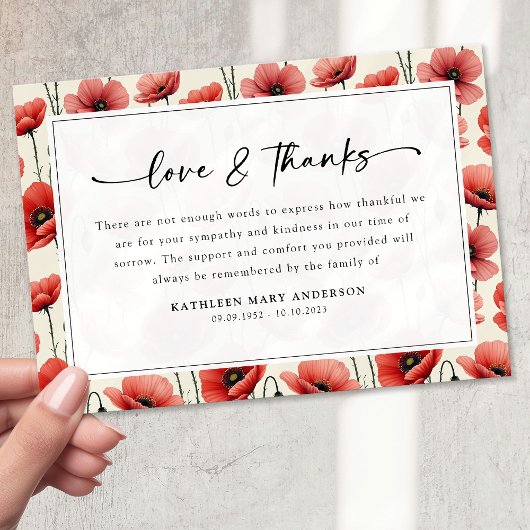 Poppies Floral Script Beileid Beuneral Dankeskarte