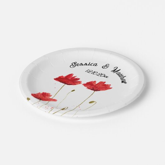 Poppies Poppy Rote Blüte Wasserfarben Hochzeiten Pappteller (Schrägansicht)