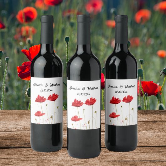 Poppies Poppy Rote Blüte Wasserfarben Hochzeiten Weinetikett