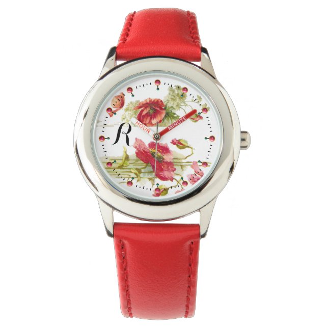 POPPIES Red White Floral Monogram Armbanduhr (Vorderseite)