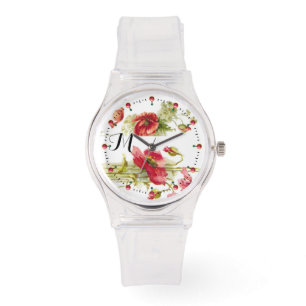 POPPIES Red White Floral Monogram Armbanduhr