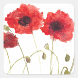 Poppies rote Blume Aquarellfarben rustikale Wildbl Quadratischer Aufkleber