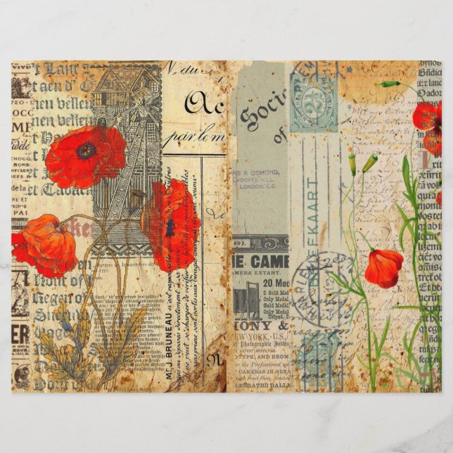 Poppies Scrapbook Paper Vintag Shabby Chic Craft (Vorderseite)