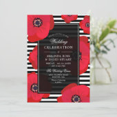 Poppies & Stripes - Black & Red Wedding Einladung (Stehend Vorderseite)