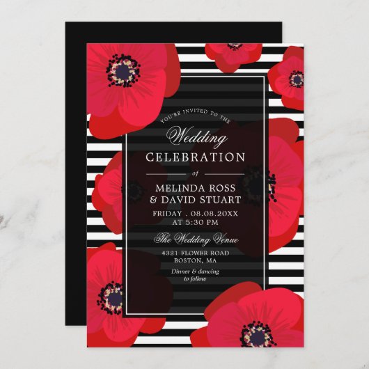 Poppies & Stripes - Black & Red Wedding Einladung (Vorne/Hinten)
