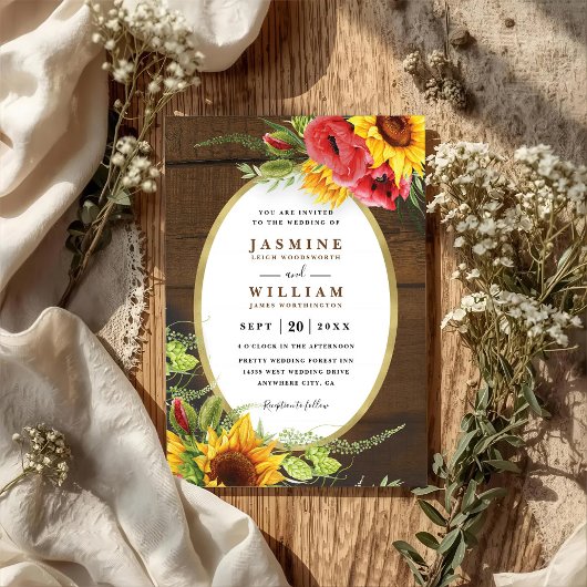 Poppies Sunflowers Rustic Elegant QR Code Wedding Einladung