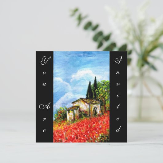 POPPIES TUSCANY LANDSCAPE Red Blume Fields Black Einladung (Stehend Vorderseite)