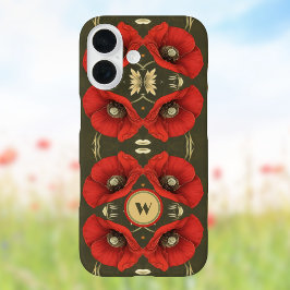 Poppies Vintage Gold Red Art Nouveau Monogram iPhone 16 Hülle