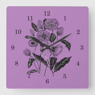 Poppies Wall Clock - Choose Color - Purple Quadratische Wanduhr