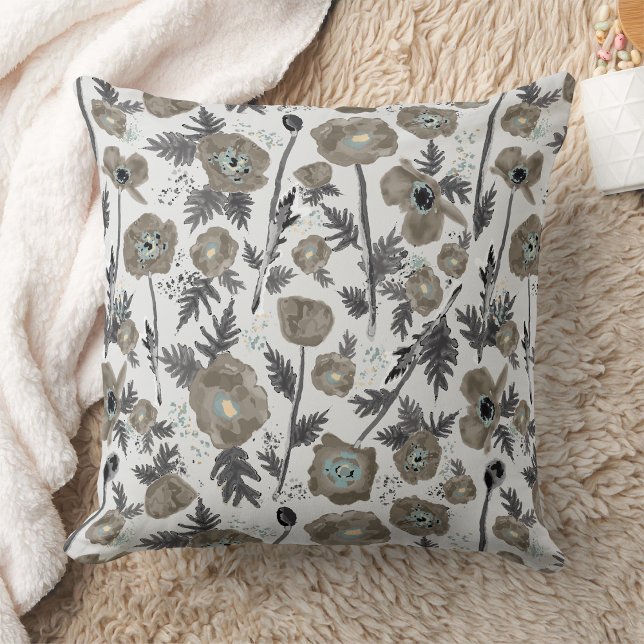 Poppies Watercolor Floral Pattern Kissen (Poppies Modern Gray Blue Watercolor Floral Pattern Throw Pillow from Jenn Steffen Studio Posies. )