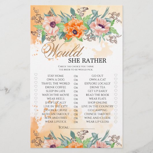 Poppies würde sie lieber Brautparty-Spiel (Vorderseite)