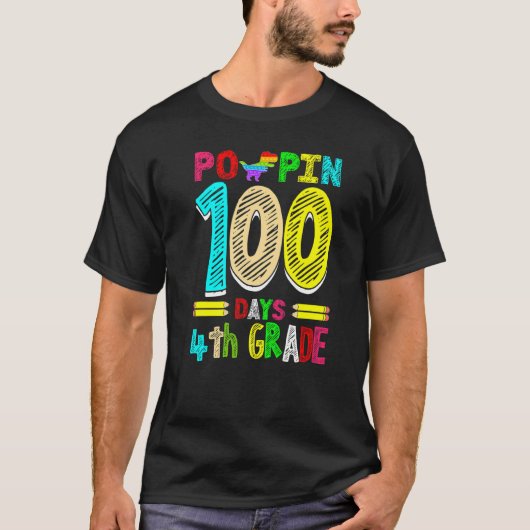 Poppin 100 Days 4th Grade Dinosaur Primary School  T-Shirt (Vorderseite)