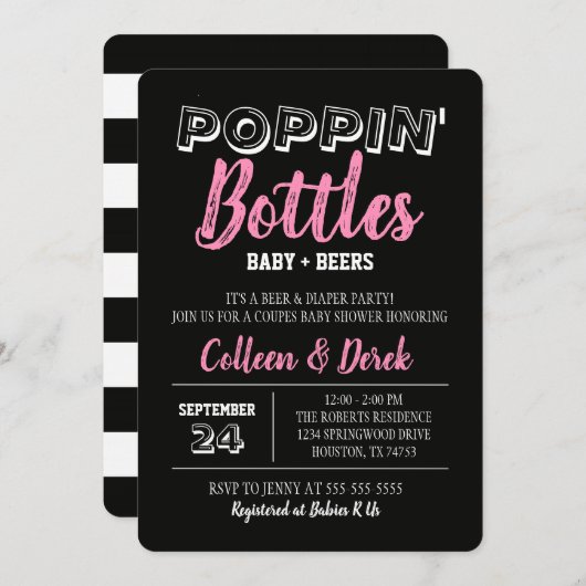 Poppin Flaschen Pink Babydusche Einladung (Vorne/Hinten)