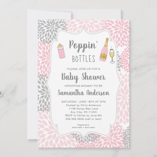 Poppin Flaschen Pink Gray Floral Baby Dusche Einladung (Vorderseite)