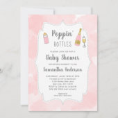 Poppin Flaschen Pink Wasserfarbe Babydusche Einladung (Vorderseite)
