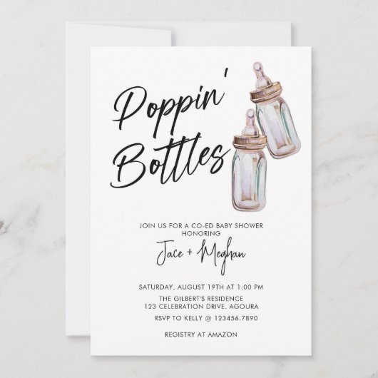 Poppin's Flaschen, Babydusche, ein Baby wird gebra Einladung (Vorderseite)