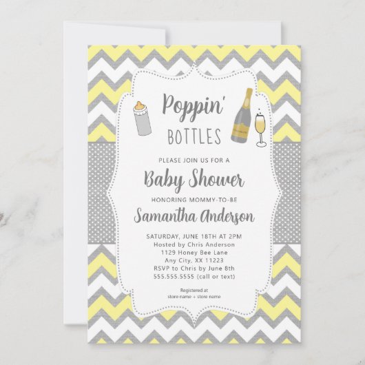 Poppin's Flaschen Gelbe Graue Babydusche Einladung (Vorderseite)