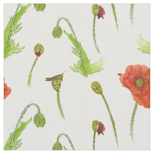 Poppy Blume Botanische Illustration Rote Flora Stoff (Nahaufnahme)