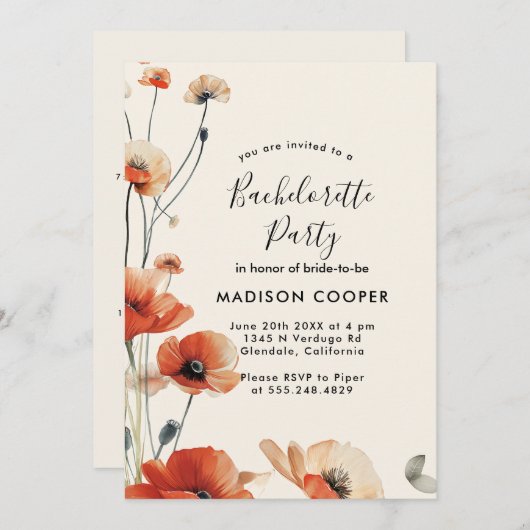 Poppy Blume Junggeselinnen-Abschied Einladung (Vorne/Hinten)