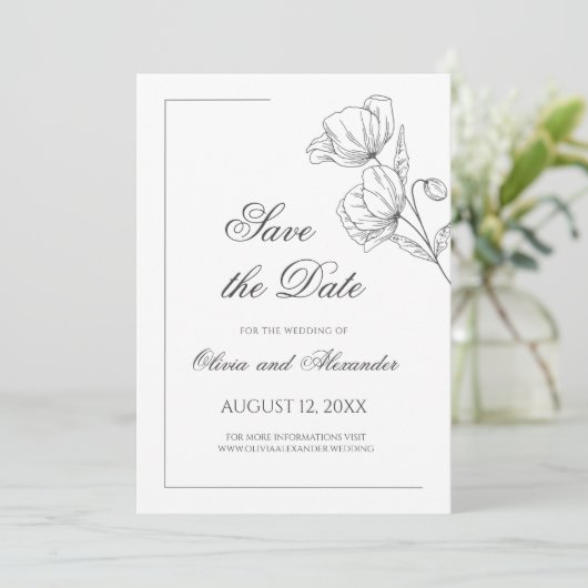 Poppy Blume minimalistische schicke Hochzeit speic Save The Date (Stehend Vorderseite)