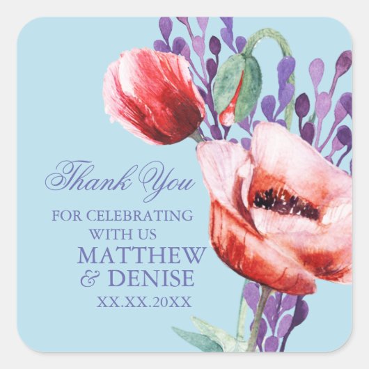 Poppy Collection mit Spun Sugar Blue Hintergrund Quadratischer Aufkleber (Vorderseite)