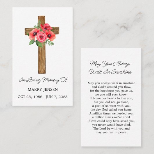 Poppy Cross Memorial Funeral Prayer Card Visitenkarte (Vorne/Hinten)