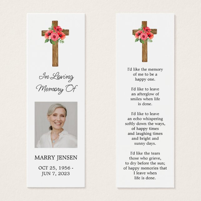 Poppy Cross Photo Funeral Bookmark (Vorne & Hinten)