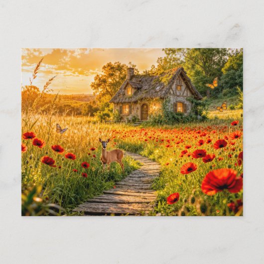 Poppy Field Cottage with Wooden Path Postkarte (Vorderseite)