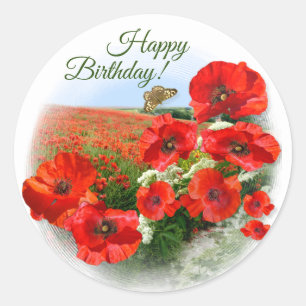 POPPY FIELD Happpy Birthday Classic Round Sticker