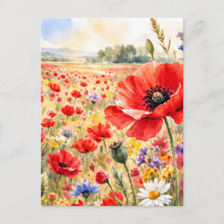Poppy Field - Watercolour Poppy Postkarte