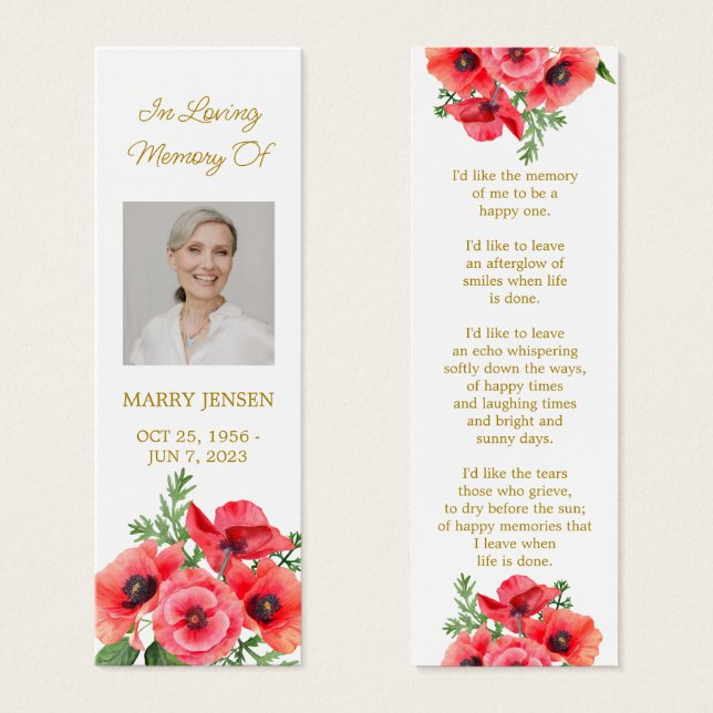 Poppy Floral Photo Funeral Memorial Bookmark (Vorne & Hinten)