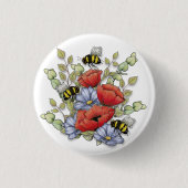 Poppy Flowers and Bees Digital Drawing, Botanical  Button (Vorderseite)