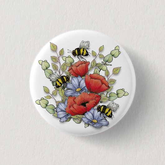Poppy Flowers and Bees Digital Drawing, Botanical Button (Vorderseite)
