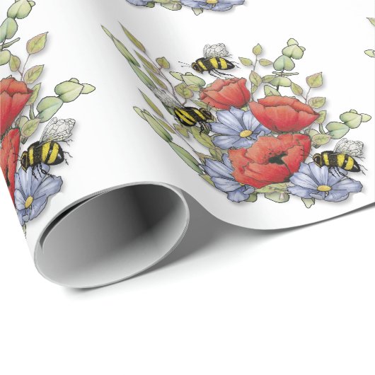 Poppy Flowers and Bees Digital Drawing, Botanical  Geschenkpapier (Rolleneckpunkt)