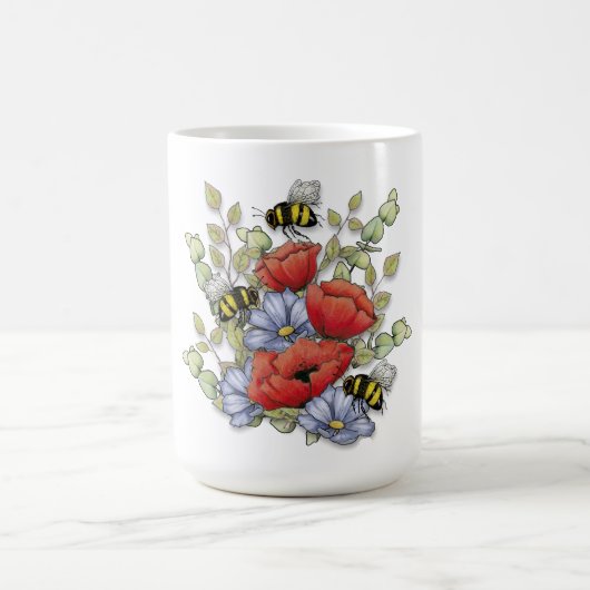 Poppy Flowers and Bees Digital Drawing, Botanical  Kaffeetasse (Mittel)