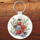 Poppy Flowers and Bees Digital Drawing, Botanical Schlüsselanhänger (Rückseite)