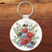 Poppy Flowers and Bees Digital Drawing, Botanical Schlüsselanhänger (Vorderseite)