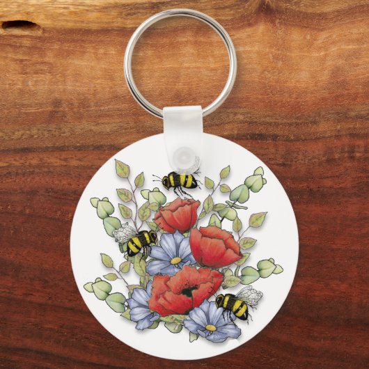 Poppy Flowers and Bees Digital Drawing, Botanical  Schlüsselanhänger (Vorderseite)