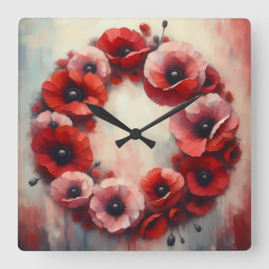 poppy flowers wreath quadratische wanduhr (Vorderseite)