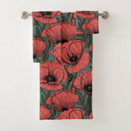 Poppy garden in coral, brown and pine green badhandtuch set