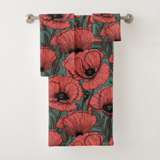 Poppy garden in coral, brown and pine green badhandtuch set (Insitu)