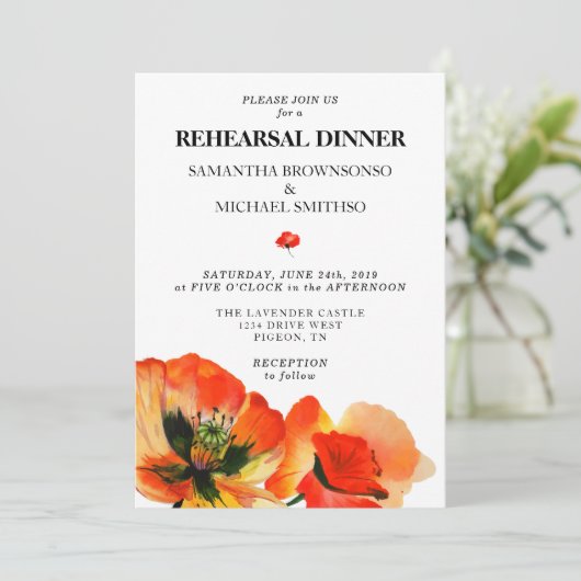 Poppy Greenery Probe Abendessen Einladung (Stehend Vorderseite)